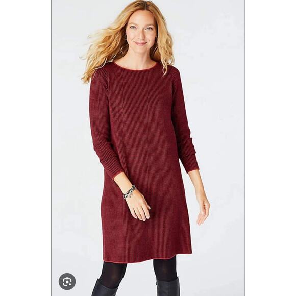 J.Jill Red Black Houndstooth Sweater Dress Size XL Petite Long Sleeve Shift - Picture 1 of 14